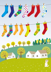 Happy socks from free breeding. Washed socks are dried on a string in the garden. - 446572407