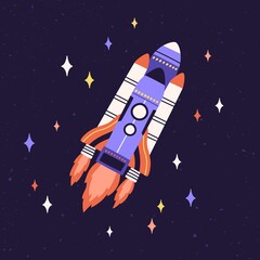 Rocket fly in outer space among stars. Rocketship with fire flames flying in cosmos. Spaceship traveling in universe. Childish intergalactic spacecraft. Flat vector illustration of galactic shuttle