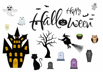 Halloween Night Party Background Silhouette Landing Page Illustration With Witch, Haunted House, Pumpkins, Bats and Other. For Add Your Design Style