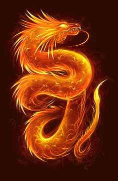 Fire asian dragon vertical. Fire Asian dragon on the dark background. Digital painting.