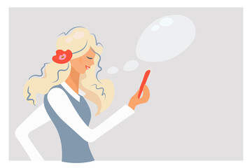 Girl cute talking on the phone. Young woman using smartphone looking for love via sms. Close up portrait of blonde. Flat vector illustration with speech bubble. Template for a banner, business card.