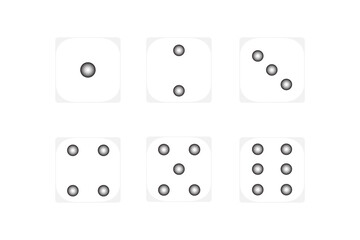 Six white dice with black dots on white background