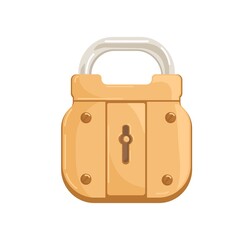 Locked hanging bronze padlock with closed shackle and keyhole. Glossy gold-colored brass mechanism for safe access. Realistic secure lock with key hole. Flat vector illustration isolated on white