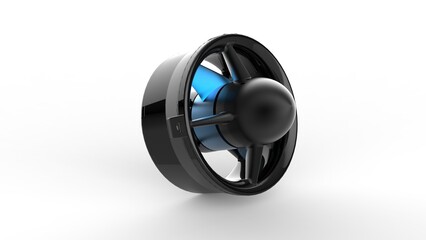 Powerful Bow thruster. Propellers on a motor yacht close-up. Jet engine turbine as isolated plane part, rocket booster or thruster illustration 3D rendering, product advertisement design mockup.
