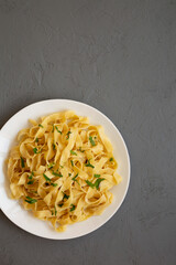 Homemade One Pot Garlic Parmesan Pasta, top view. Flat lay, overhead, from above.