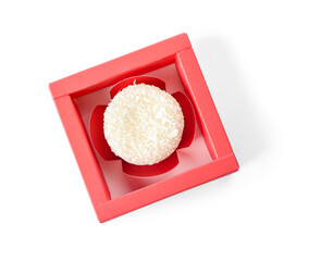 Box with tasty Japanese mochi on white background