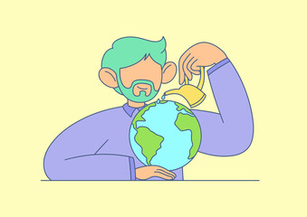 Illustration of a man with a beard who takes care of the planet, watering it. Ecology, care, protect nature, warmth. Vector, flat, cartoon style.