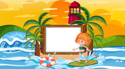 Fototapeta na wymiar Empty banner template with kids on vacation at the beach sunset scene
