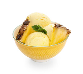 Bowl with tasty pineapple ice cream on white background