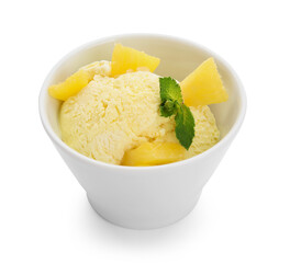 Bowl with tasty pineapple ice cream on white background