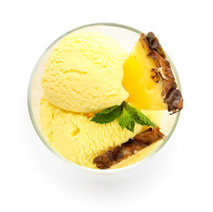 Glass with tasty pineapple ice cream on white background