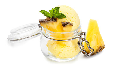 Jar with tasty pineapple ice cream on white background