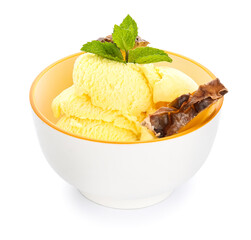 Bowl with tasty pineapple ice cream on white background