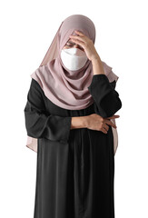 Muslim woman feeling sick standing on white background. Covid-19 coronavirus concept.