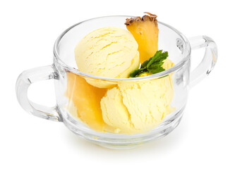 Glass bowl with tasty pineapple ice cream on white background