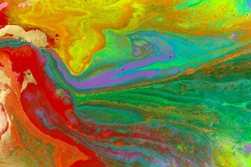 Rainbow liquid acrylic paint with gold dust texture. Stock illustration.