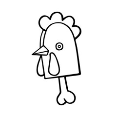 A funny severed rooster's head is an object for witchcraft and voodoo magic. Halloween theme. Hand-drawn vector illustration in the style of doodles, isolated. A cartoon character. For sticker, card.