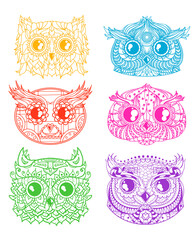 Owls. Heads. Design Zentangle. Hand drawn owl with abstract patterns on isolation background. Design for spiritual relaxation for adults