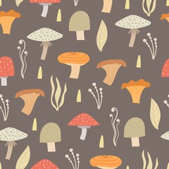 Plakat Seamless pattern with mushrooms. Colorful vector flat for kids. hand drawing. baby design for fabric, print, wrapper