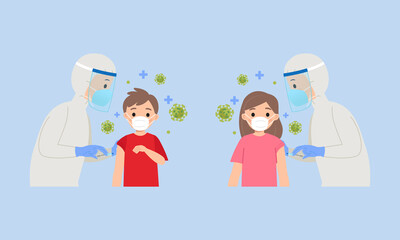 Children getting corona virus vaccination shot. Flat vector cartoon design