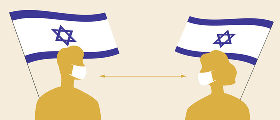 Israeli flag, people in face masks, silhouette vector stock illustration with medical masks for covid and social distance in Israel
