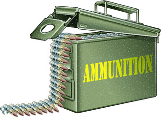 ammunition belt with gun cartridges in ammunition box
 - obrazy, fototapety, plakaty
