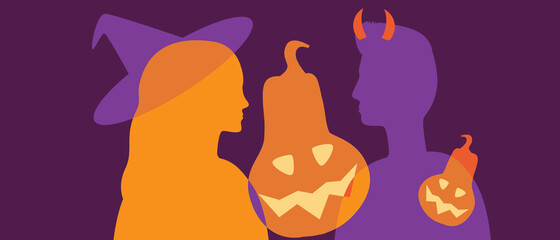 Silhouette of a couple on a halloween, silhouette branch stock illustration with halloween pumpkin face isolated