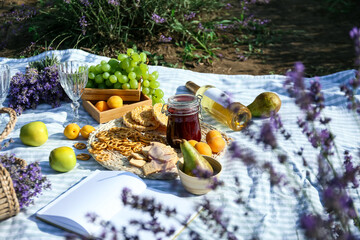 Tasty food and drink for romantic picnic in lavender field