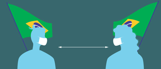 Brazilian flag, people in face masks, silhouette vector stock illustration with medical masks for covid and social distance in Brazil