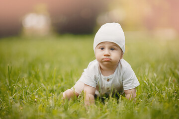 Portrait of happy little child boy sitting in green grass on summer day in garden, sunlight