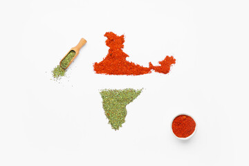 Indian continent made of spices on white background