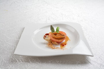 braised single whole big abalone seafood with vegetable and black truffle , ginseng in chef oyster sauce asian premium halal menu