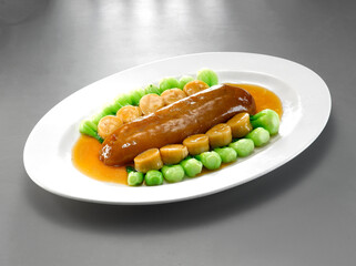 stir fried seafood with scallop, prawn, braised sea cucumber and vegetable in chef special sauce asian halal healthy menu