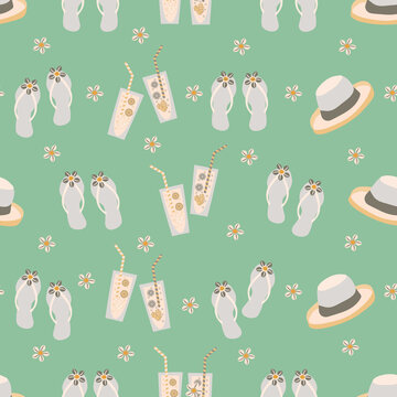 Vector travel fun seamless pattern background with flip flops, hats, shells, drinks glasses, sun. Retro color repeat with pastel vacation icons on green teal backdrop.For summer, beach holiday concept