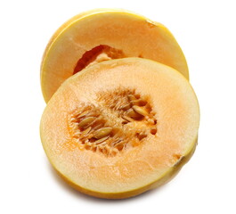 Cantaloupe melon, honeydew sliced in half isolated on white background