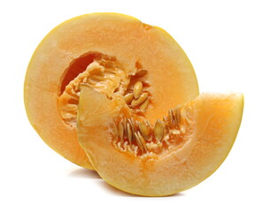 Cantaloupe melon, honeydew slices isolated on white background