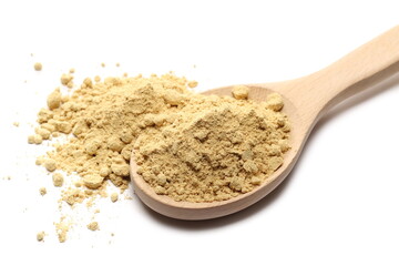 Ginger powder pile with wooden spoon isolated on white background