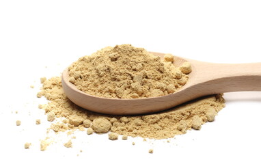 Ginger powder pile with wooden spoon isolated on white background