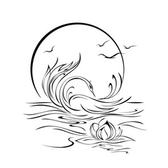 swan 43. one stylized swan on the water bent over a lotus flower against the sky with the sun and birds. graphic decor