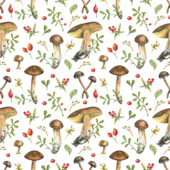 Watercolor seamless pattern with illustration of forest mushrooms, plants, berries.