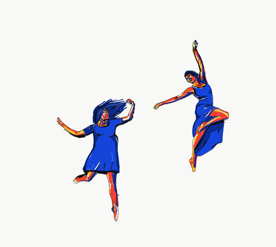 Illustration of carefree women jumping and enjoying freedom