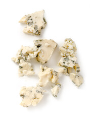 Pieces of blue cheese isolated. Blue cheese on white background. Sliced blue cheese for package...