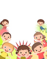 Children are joy. Frame. Happy childhood. Little boys and girls. Kid are having fun. Nice kid. Cartoon style. Isolated on white background. Vector