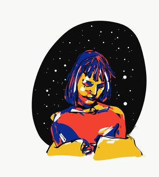 Illustration of calm woman against starry sky