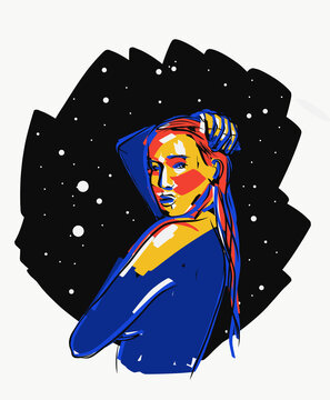 Illustration of calm woman against starry sky