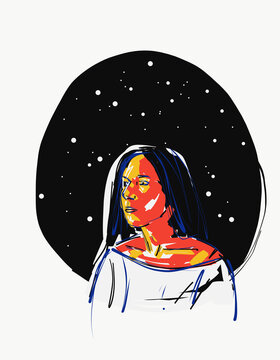 Illustration of calm woman against starry sky