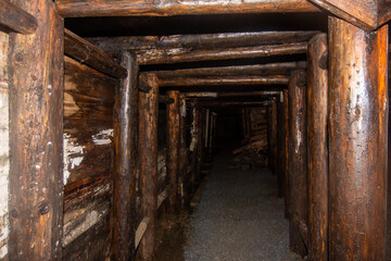 Fototapeta na wymiar Wooden timbering tunnel in old abandoned gold mine
