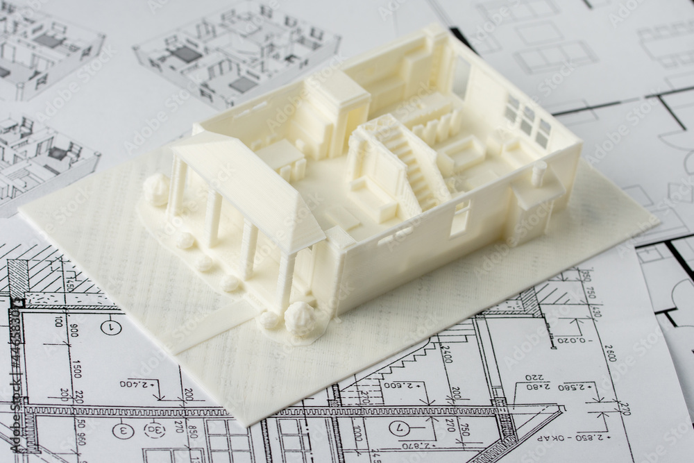 Poster model of the first floor of a family house printed on a 3d printer with white filament by fdm techno