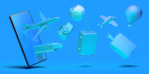 Travel concept with smartphone. Banner. Plane, train, suitcase, camera, balloon ...