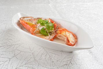 freshly steamed big tiger prawn seafood with egg white in chinese herbal wine sauce asian halal healthy menu